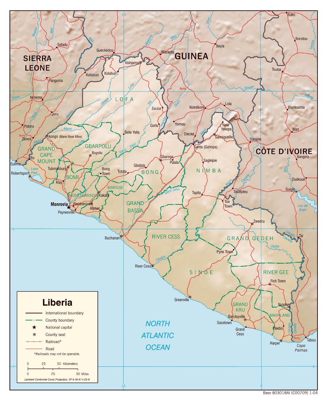 Large detailed political and administrative map of Liberia with relief, roads, railroads and major cities - 2004