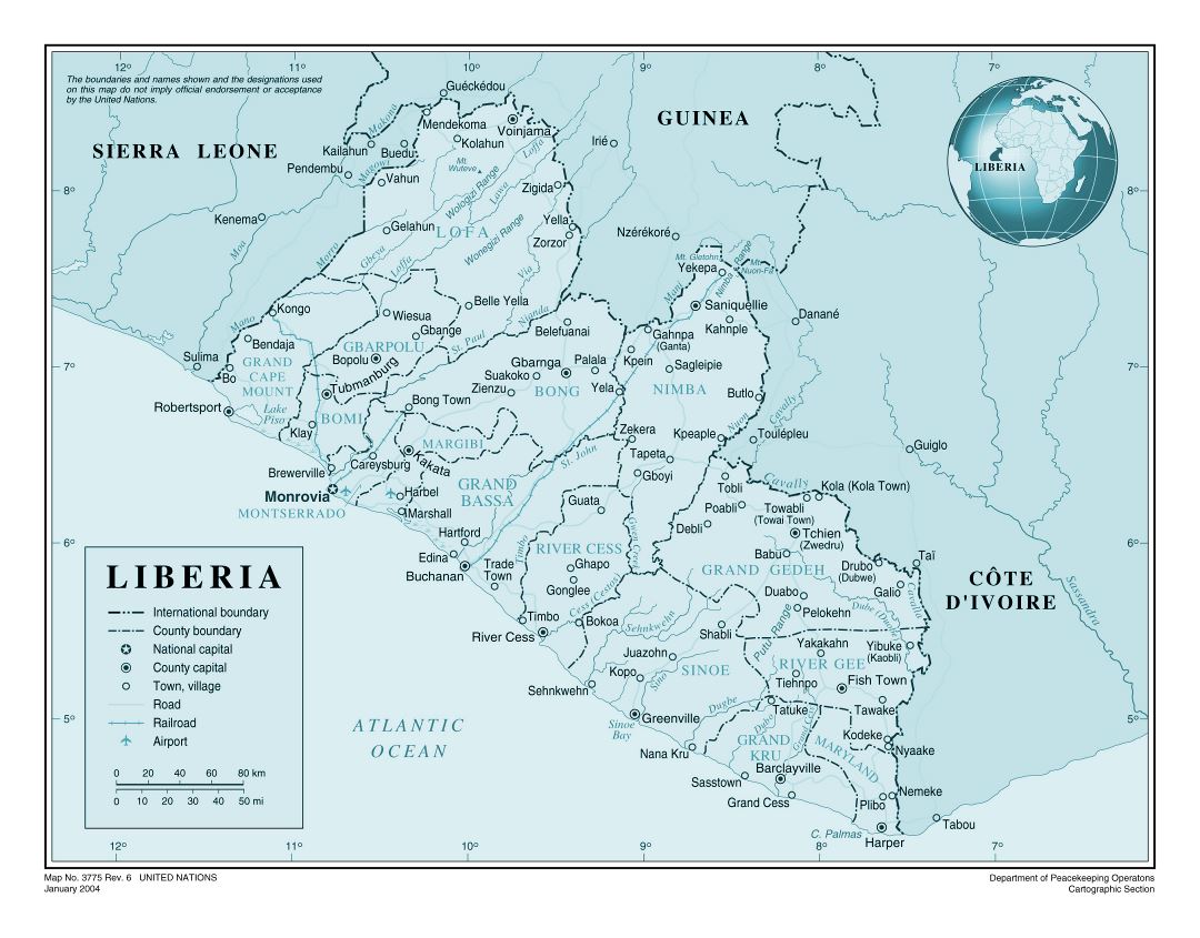 Large detailed political and administrative map of Liberia with roads, railroads, all cities and airports