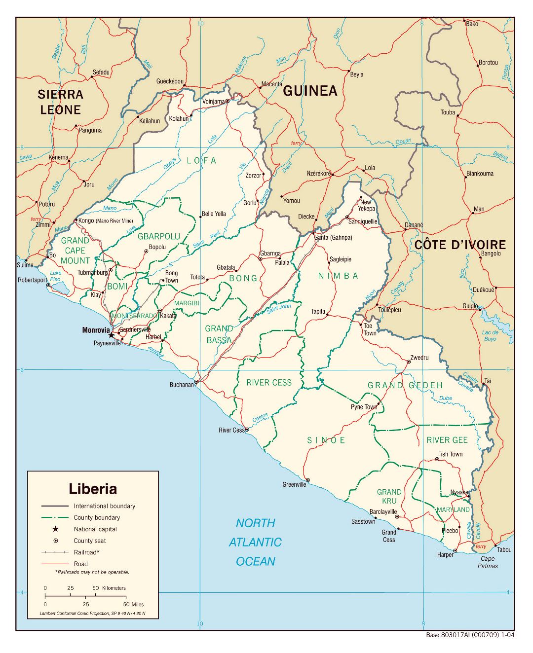 Large detailed political and administrative map of Liberia with roads, railroads and major cities - 2004