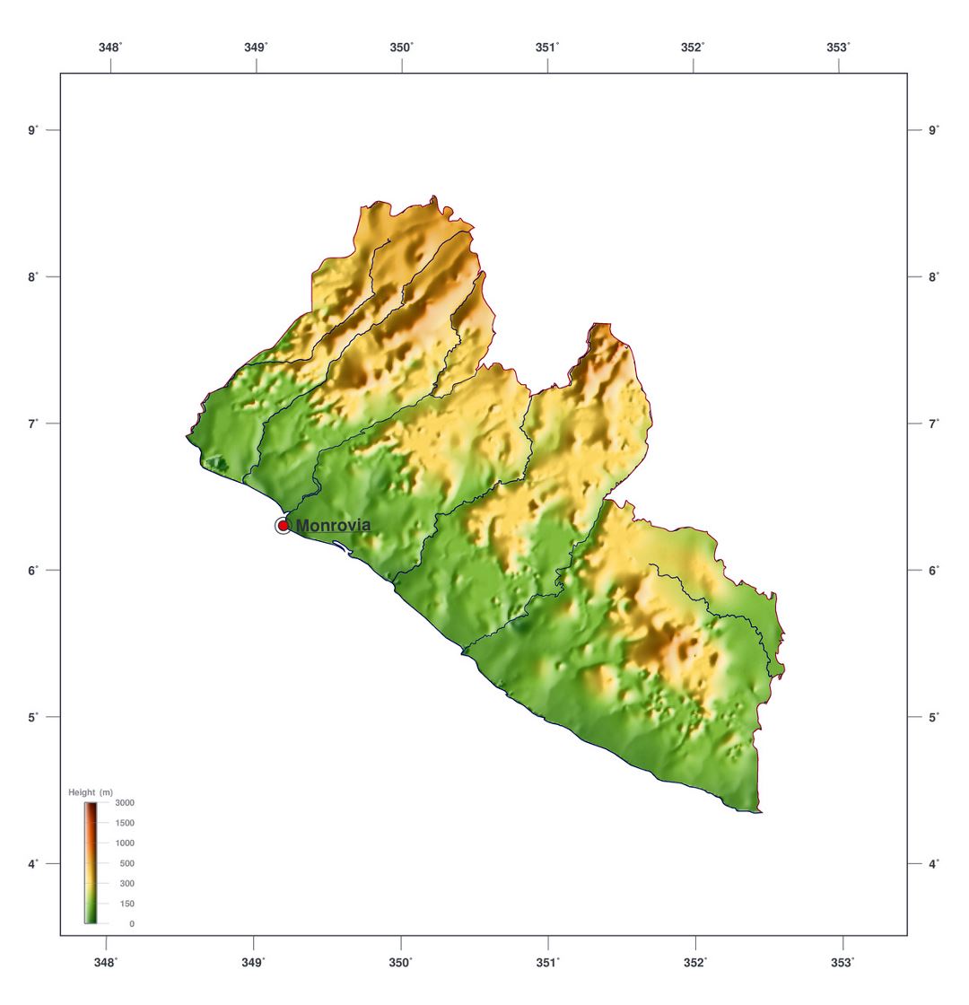 Large elevation map of Liberia