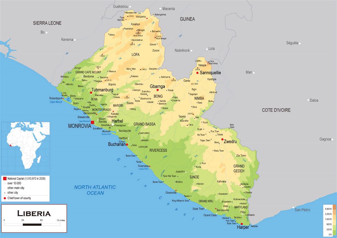 Large physical map of Liberia with other marks
