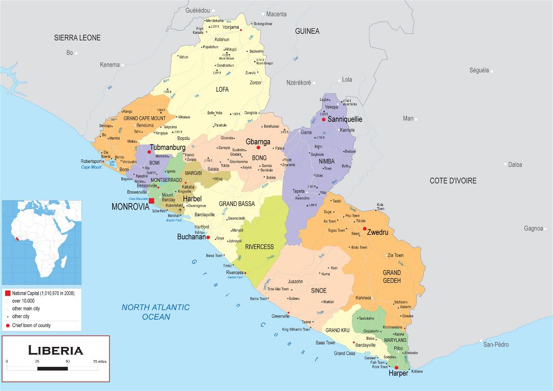 Large political and administrative map of Liberia with other marks