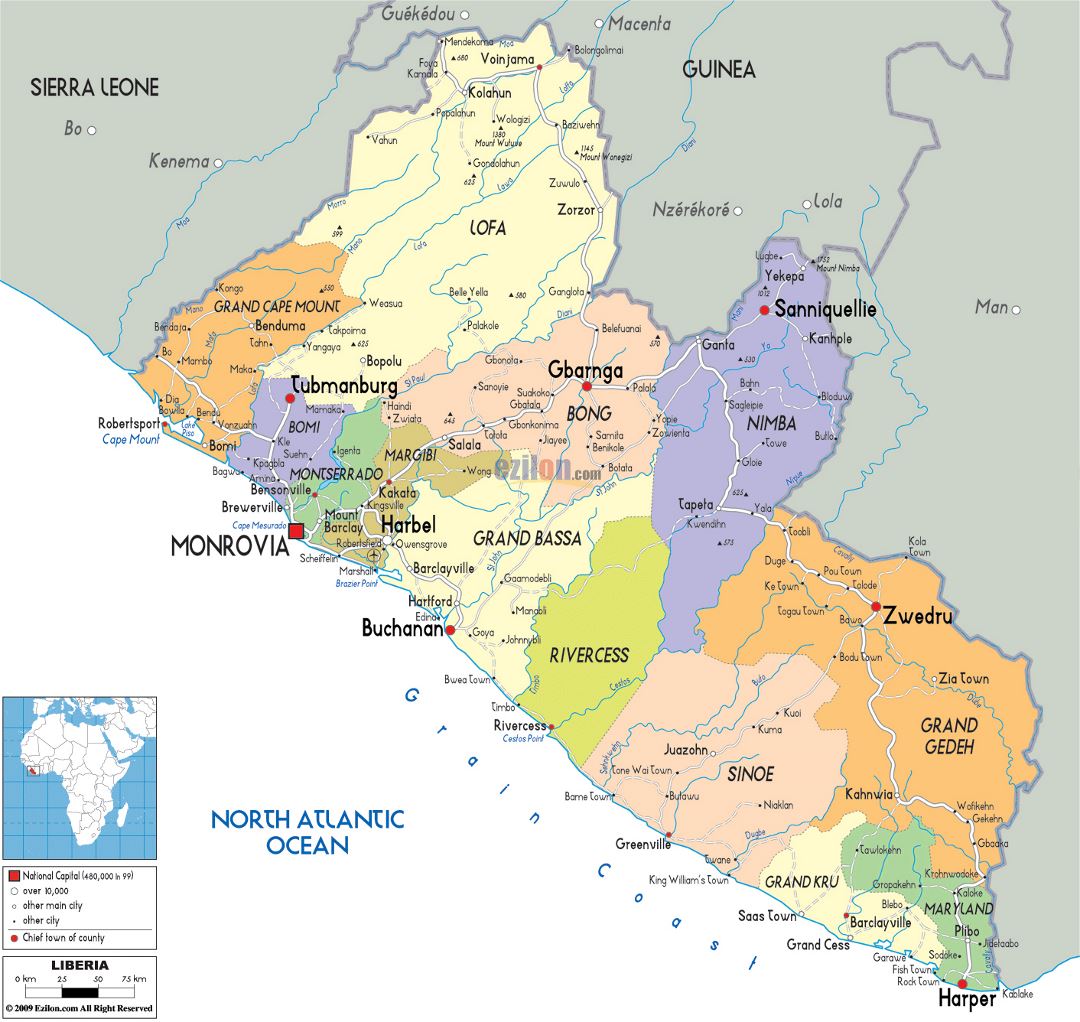 Large political and administrative map of Liberia with roads, cities and airports