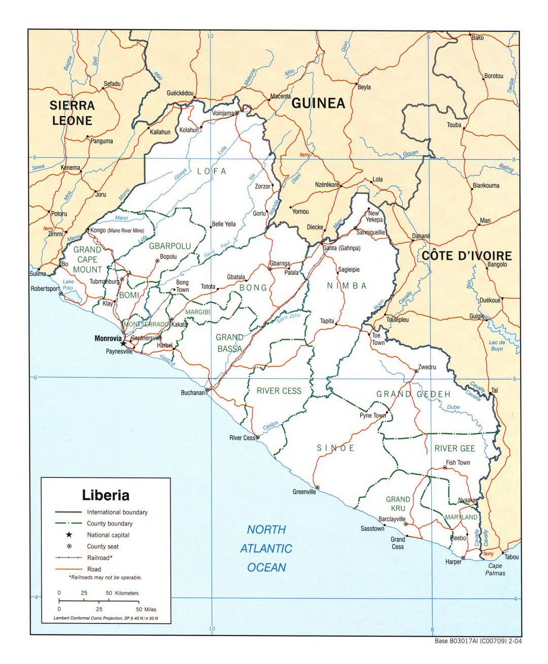 Large political and administrative map of Liberia with roads, railroads and cities - 2004