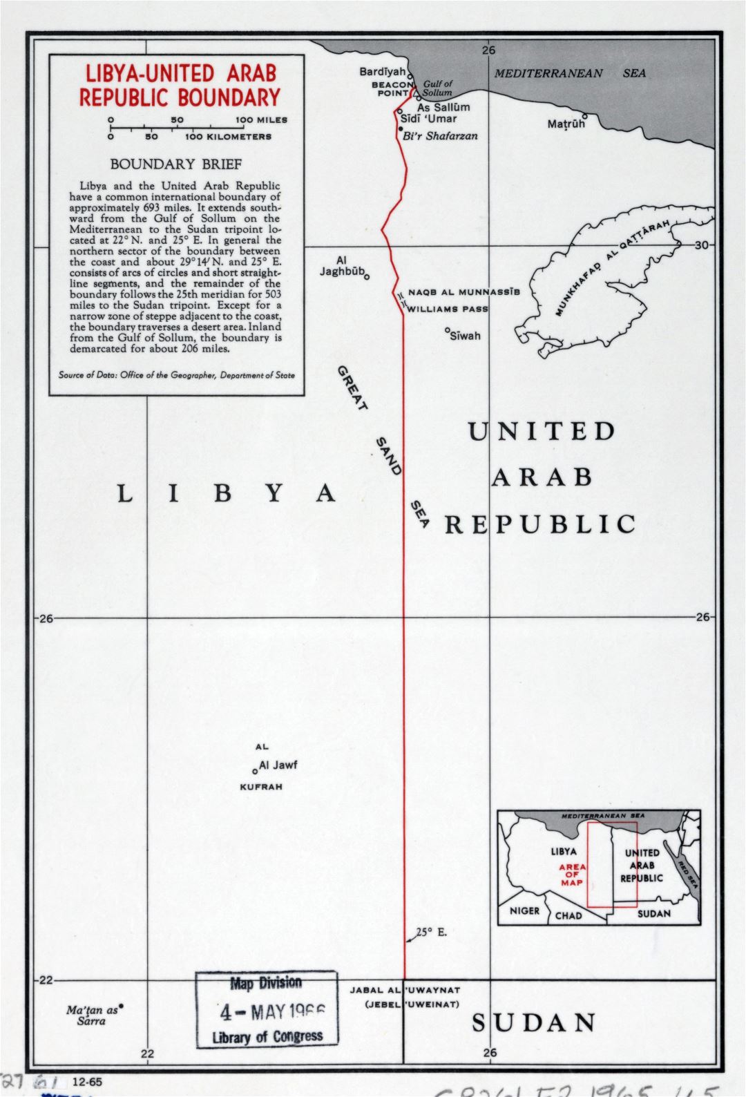 Large detailed map of Libya-United Arab Republic boundary - 1965
