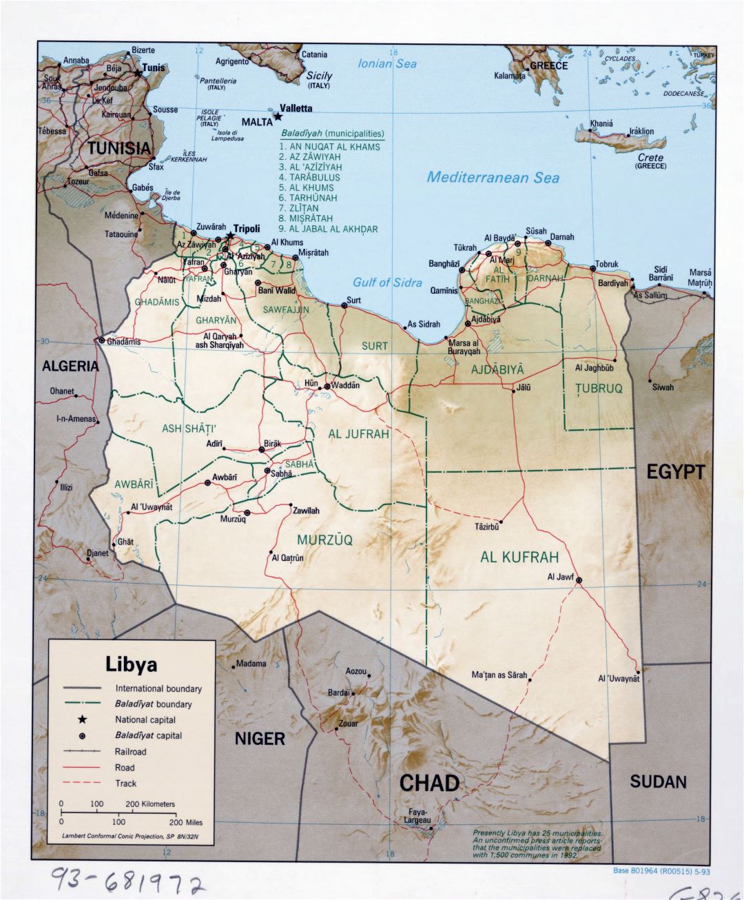 Large detailed political and administrative map of Libya with relief, roads, railroads and major cities - 1993