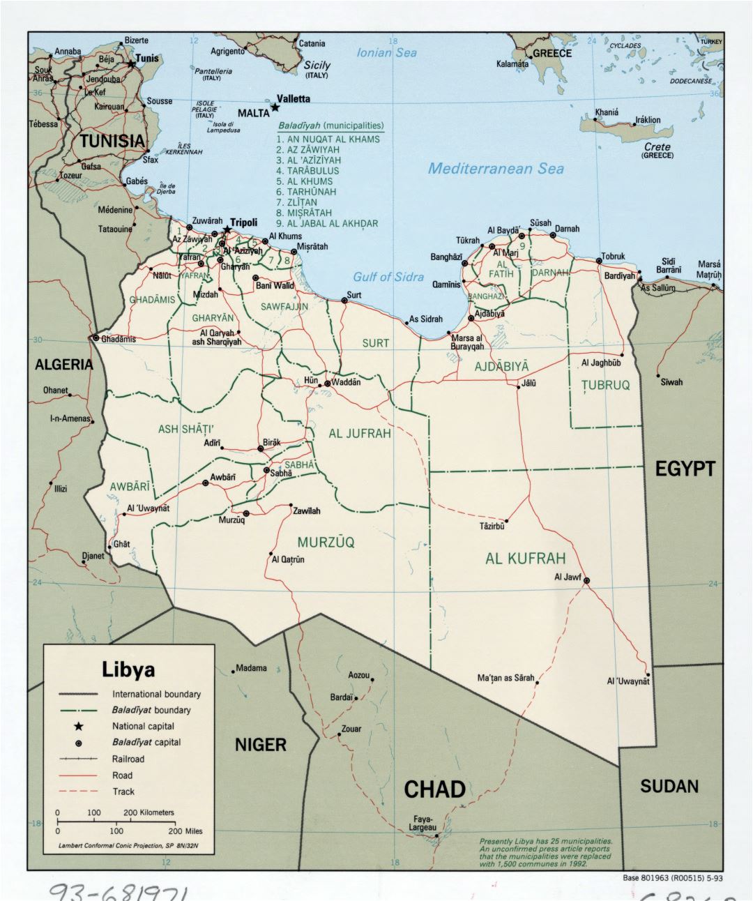 Large detailed political and administrative map of Libya with roads, railroads and major cities - 1993