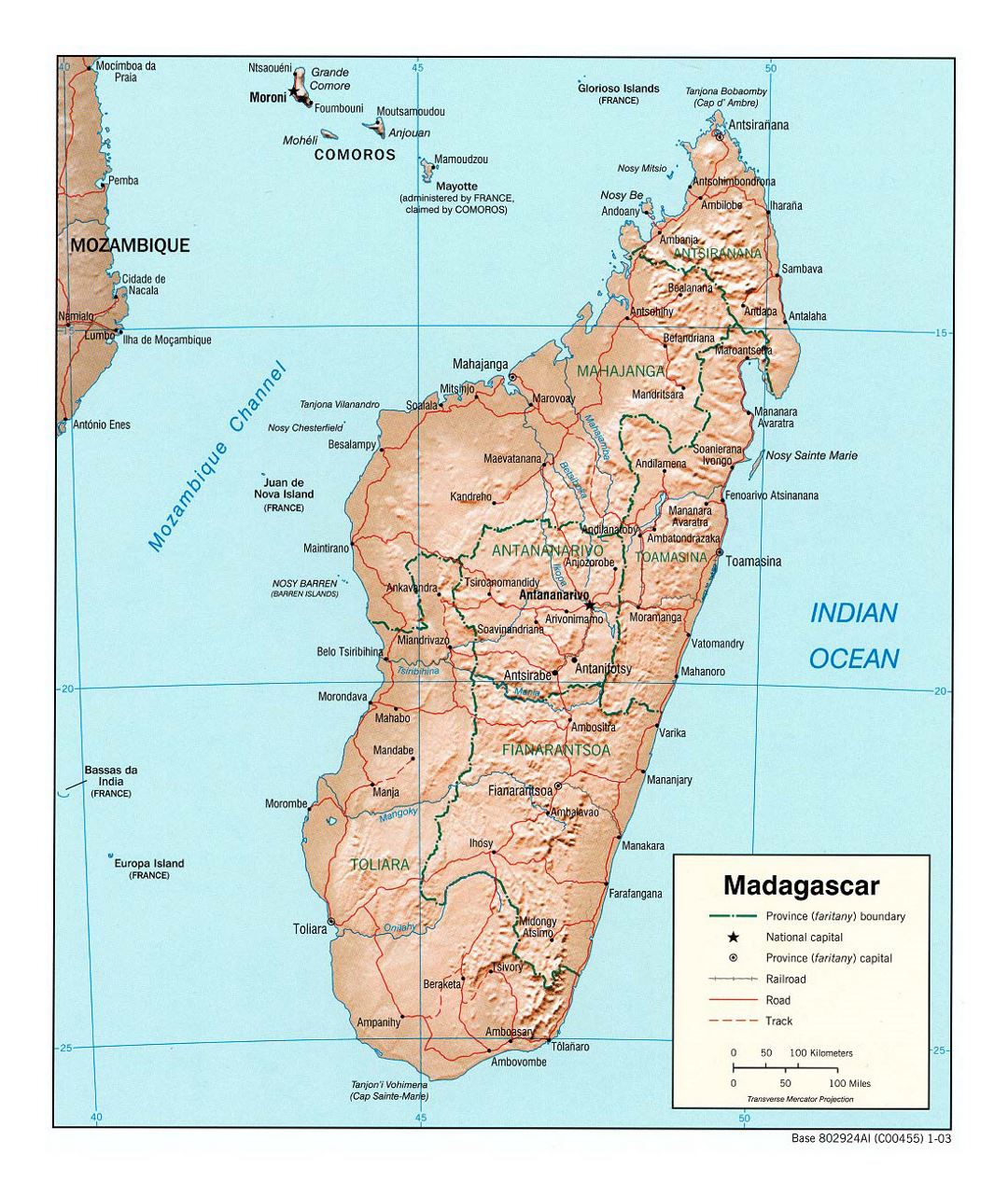Detailed political and administrative map of Madagascar with relief, roads, railroads and major cities - 2003