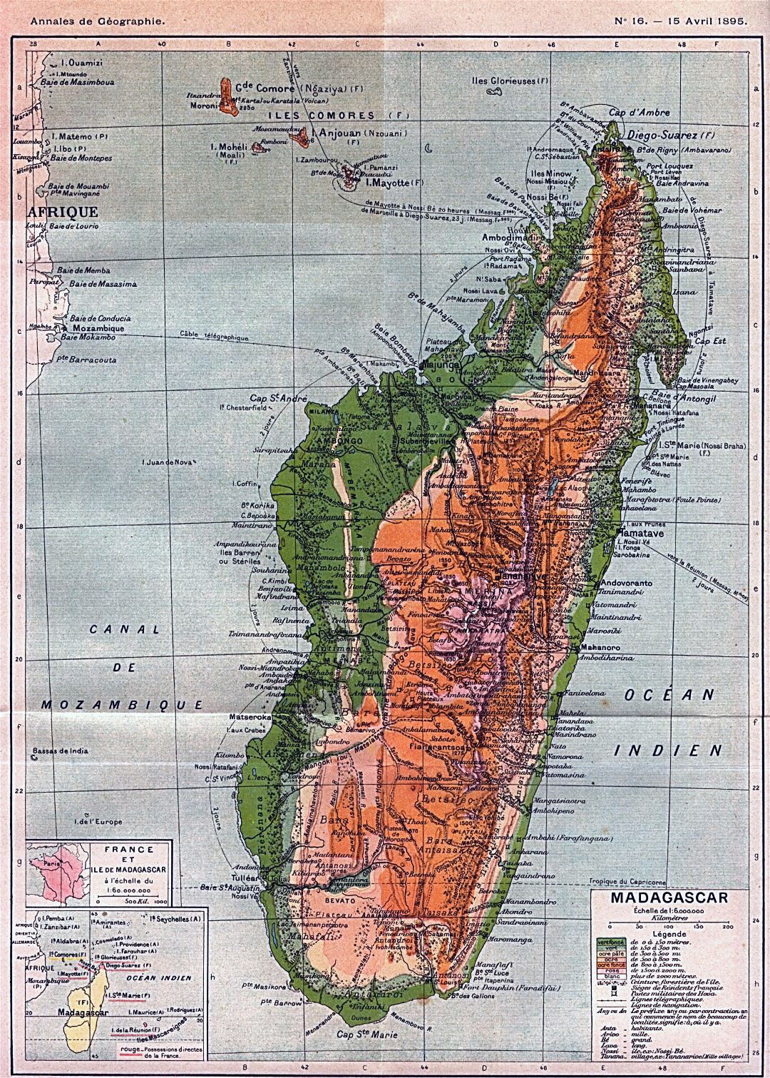 Large detailed old physical map of Madagascar - 1895