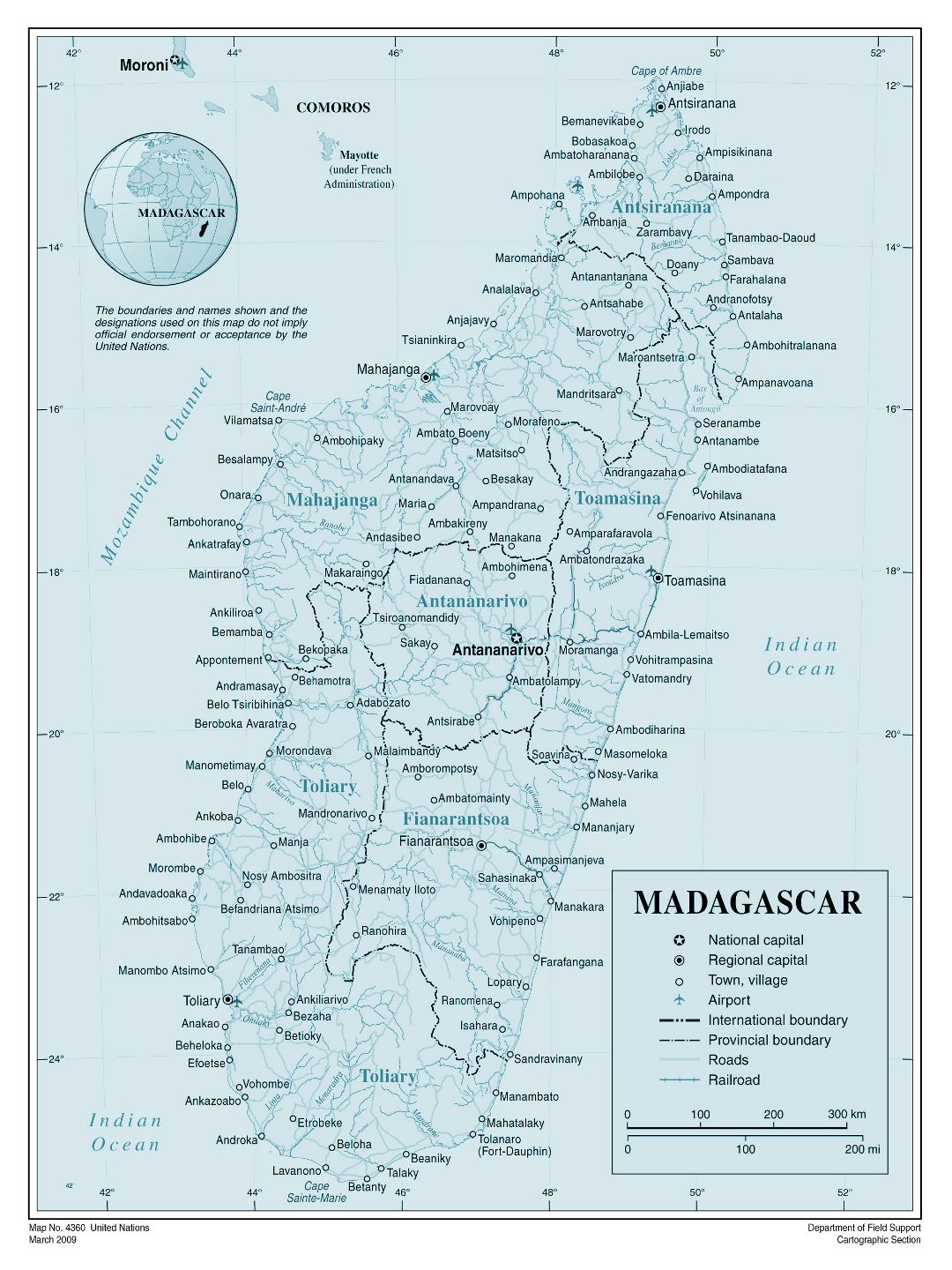 Large detailed political and administrative map of Madagascar with all cities, roads, railroads and airports