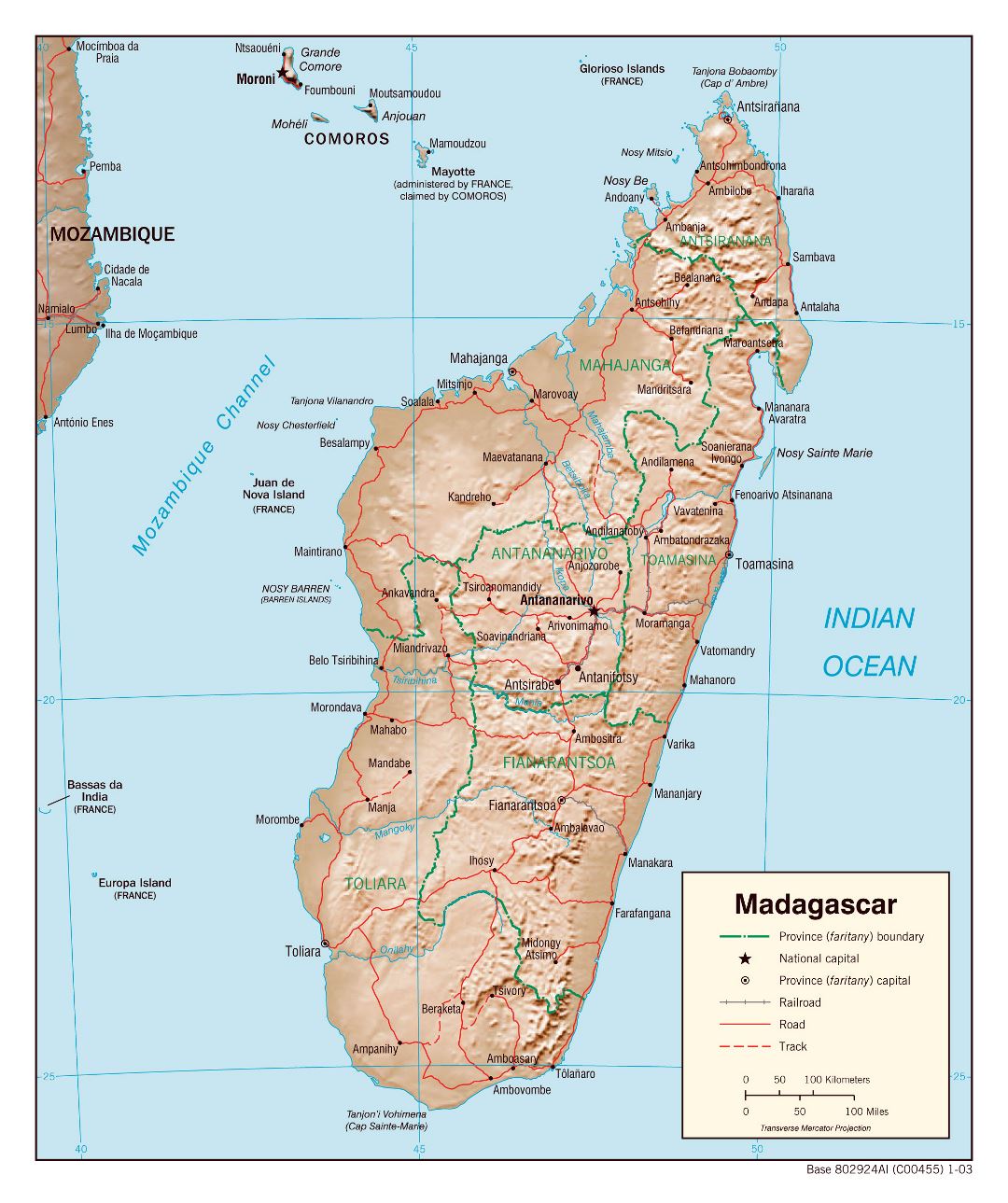Large detailed political and administrative map of Madagascar with relief, roads, railroads and major cities - 2003