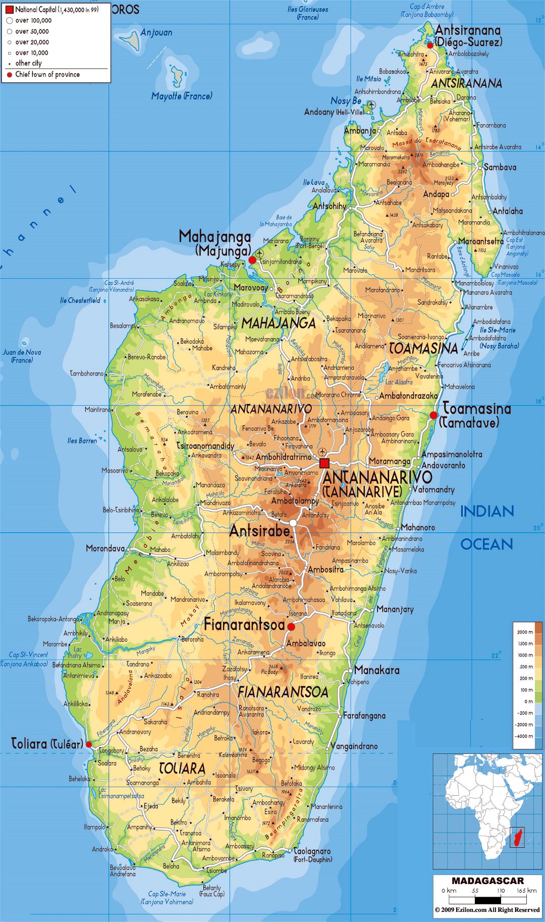Large physical map of Madagascar with roads, cities and airports