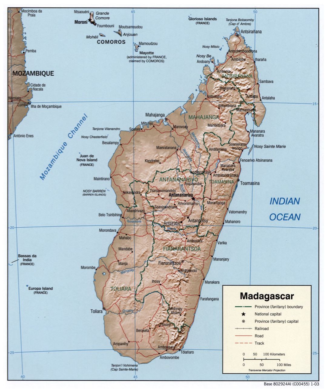 Large political and administrative map of Madagascar with relief, roads, railroads and cities - 2003