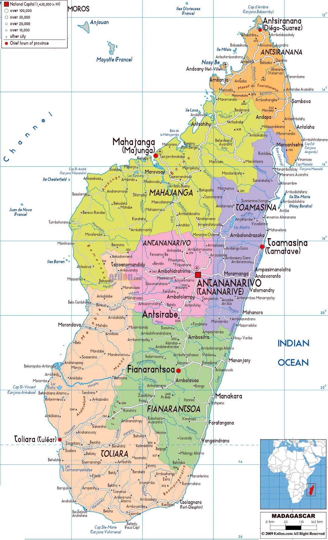 Large political and administrative map of Madagascar with roads, cities and airports