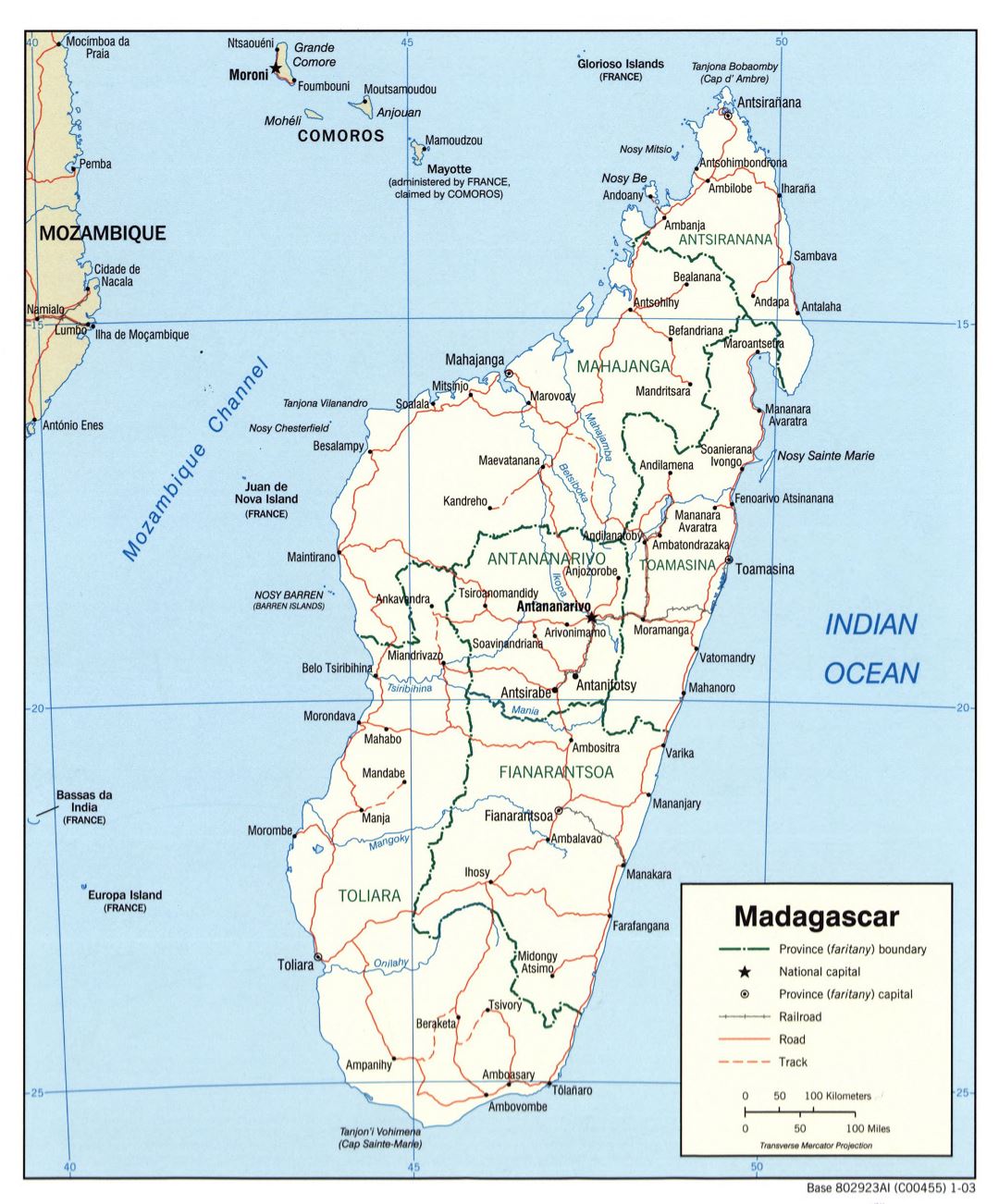 Large political and administrative map of Madagascar with roads, railroads and cities - 2003