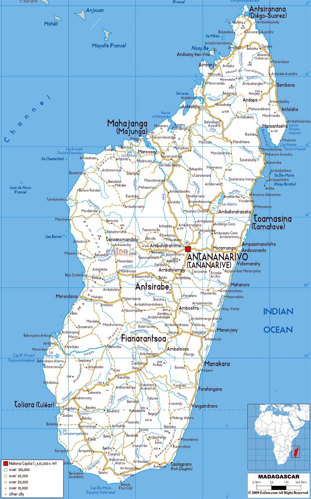 Large road map of Madagascar with cities and airports
