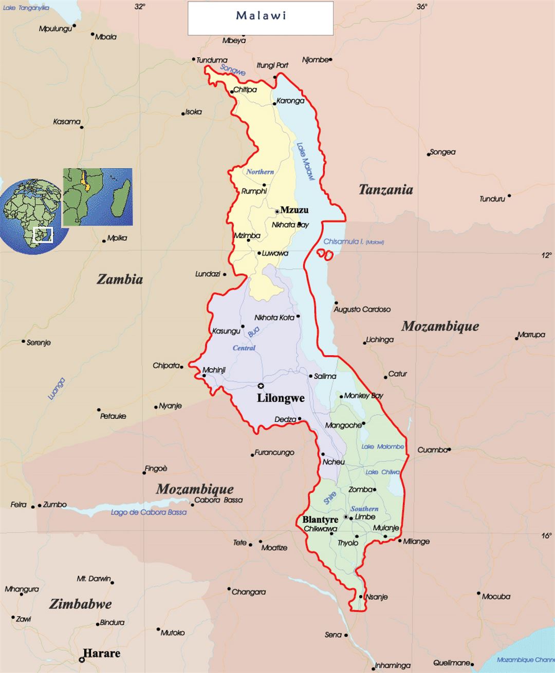 Detailed political and administrative map of Malawi with roads and cities