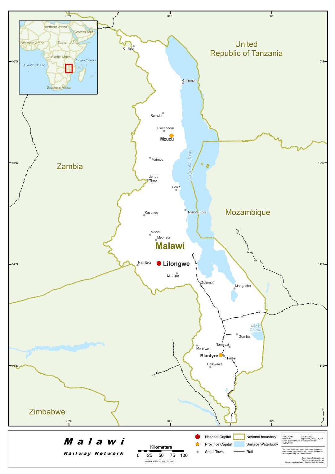 Large detailed railway network map of Malawi