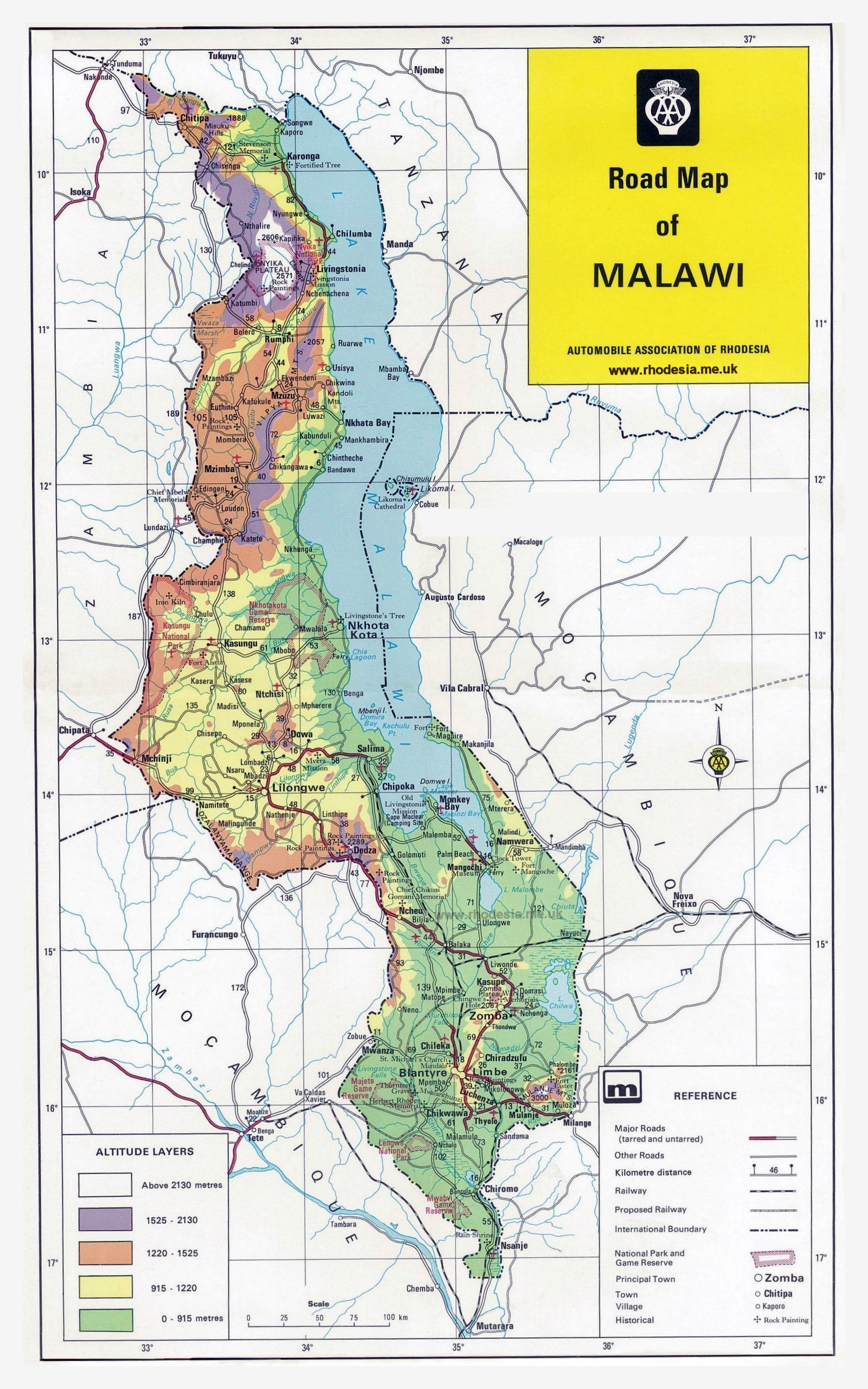 Large Detailed Road Map Of Malawi With Other Marks 