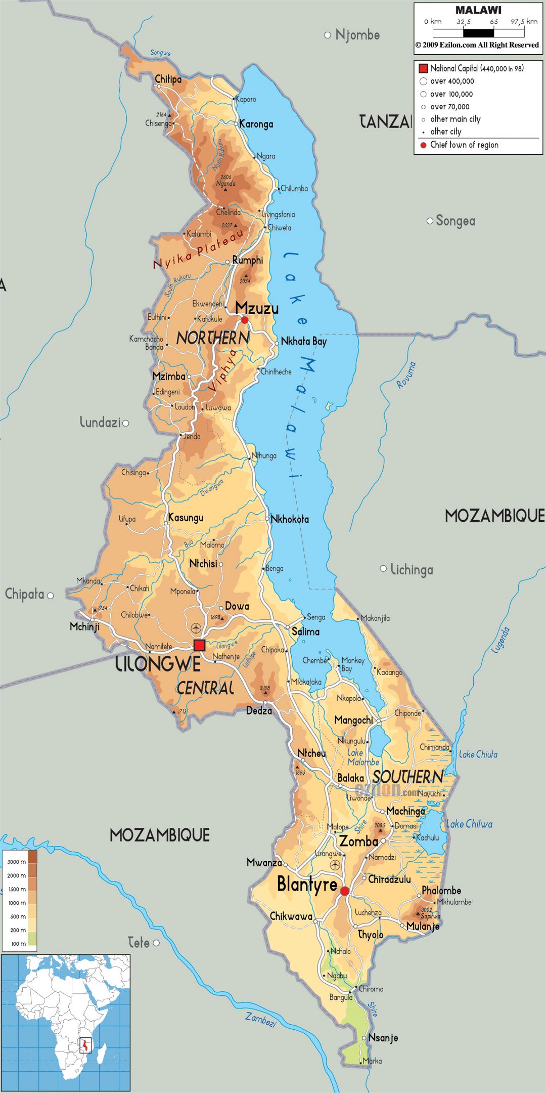 Large physical map of Malawi with roads, cities and airports