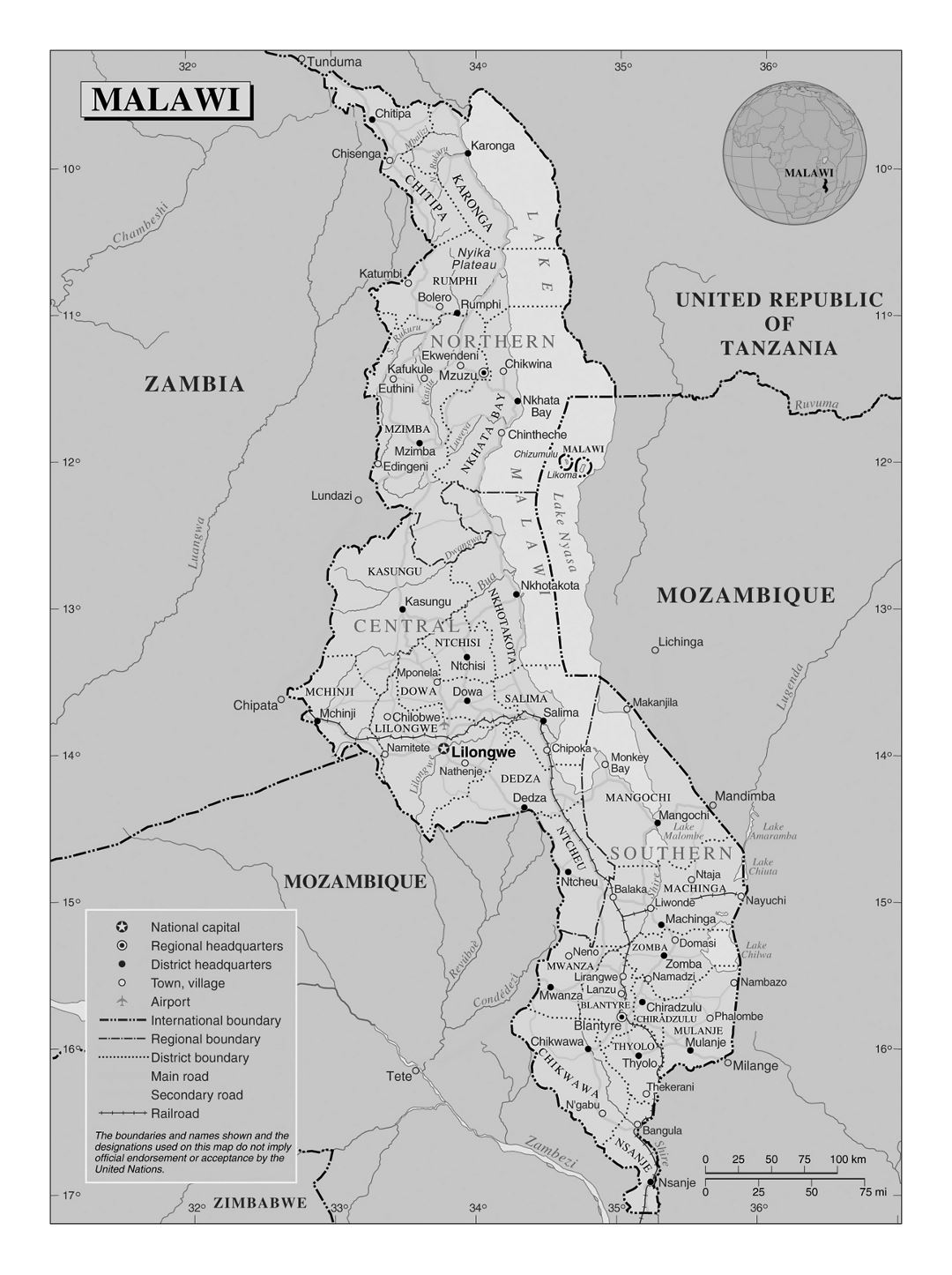 Large political and administrative map of Malawi with roads, railroads, cities and airports