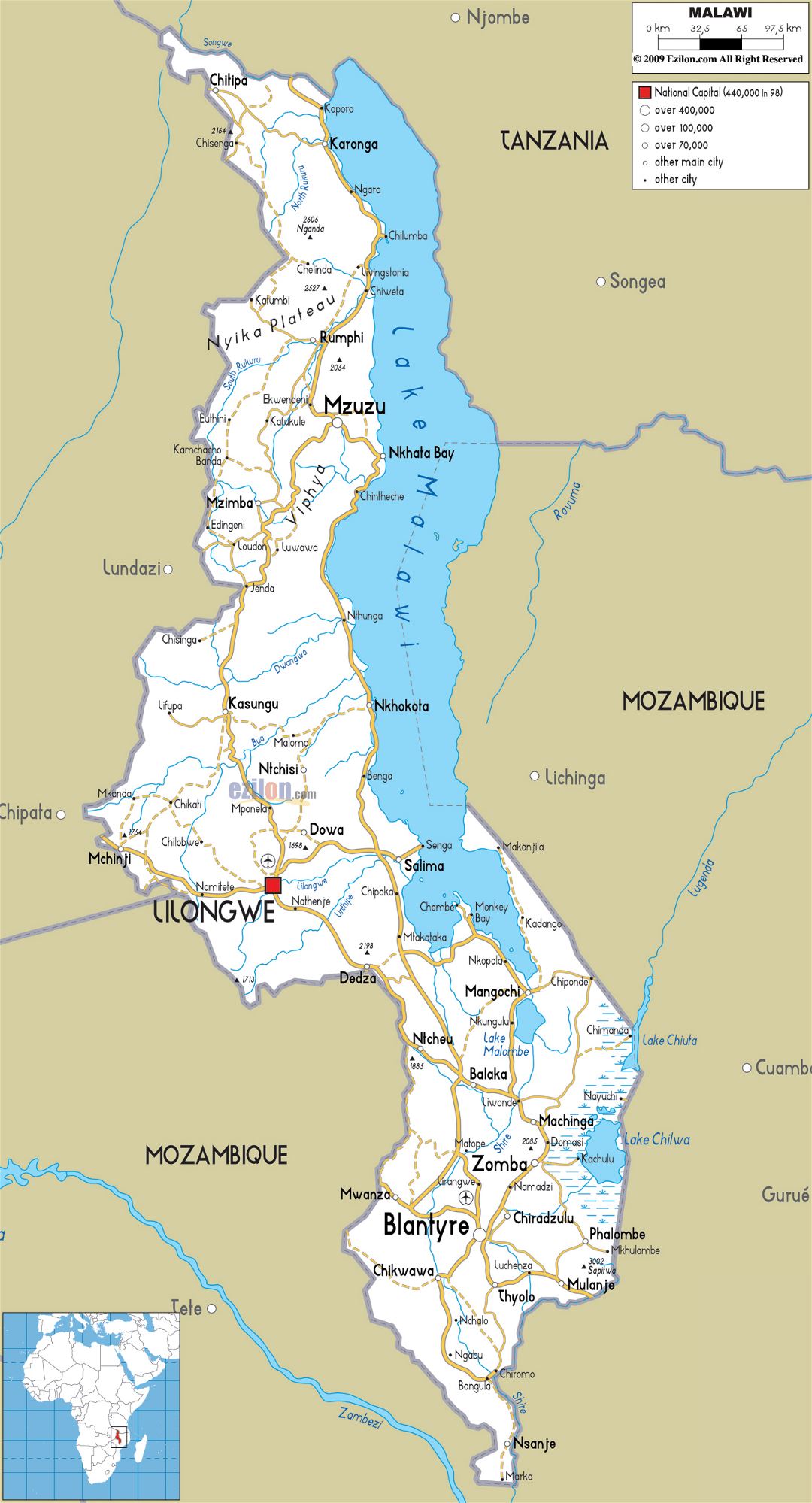 Large road map of Malawi with cities and airports