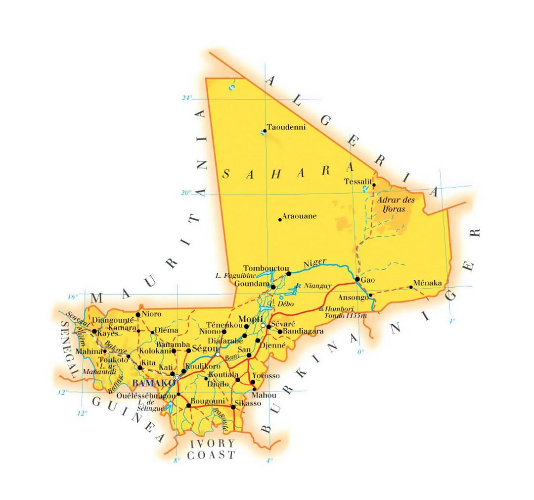 Detailed elevation map of Mali with roads, cities and airports