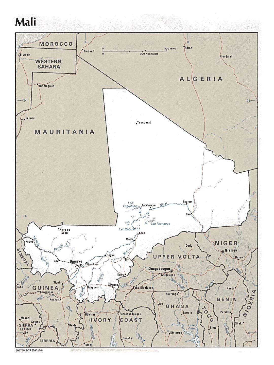 Detailed political map of Mali with major cities and airports - 1977