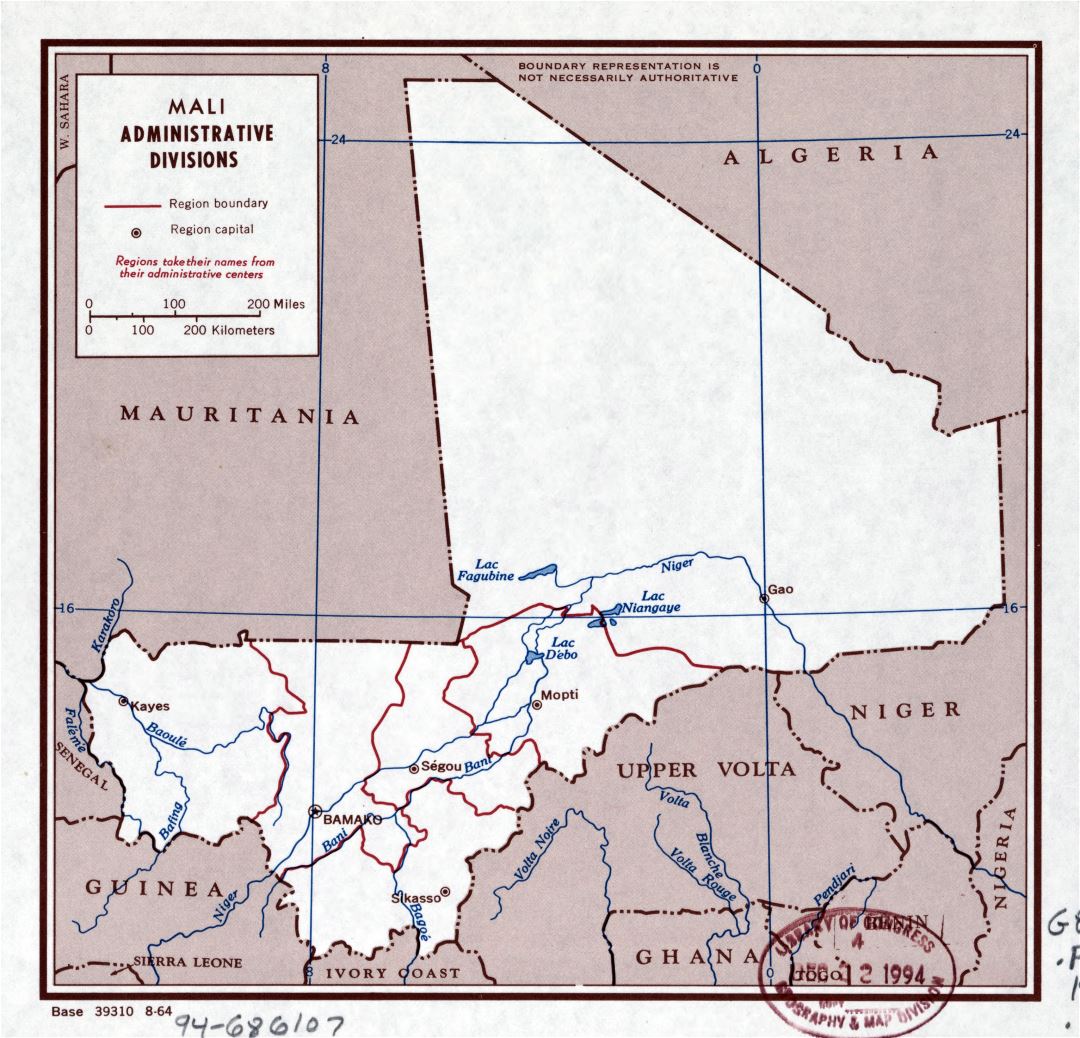 Large detailed administrative divisions map of Mali - 1964