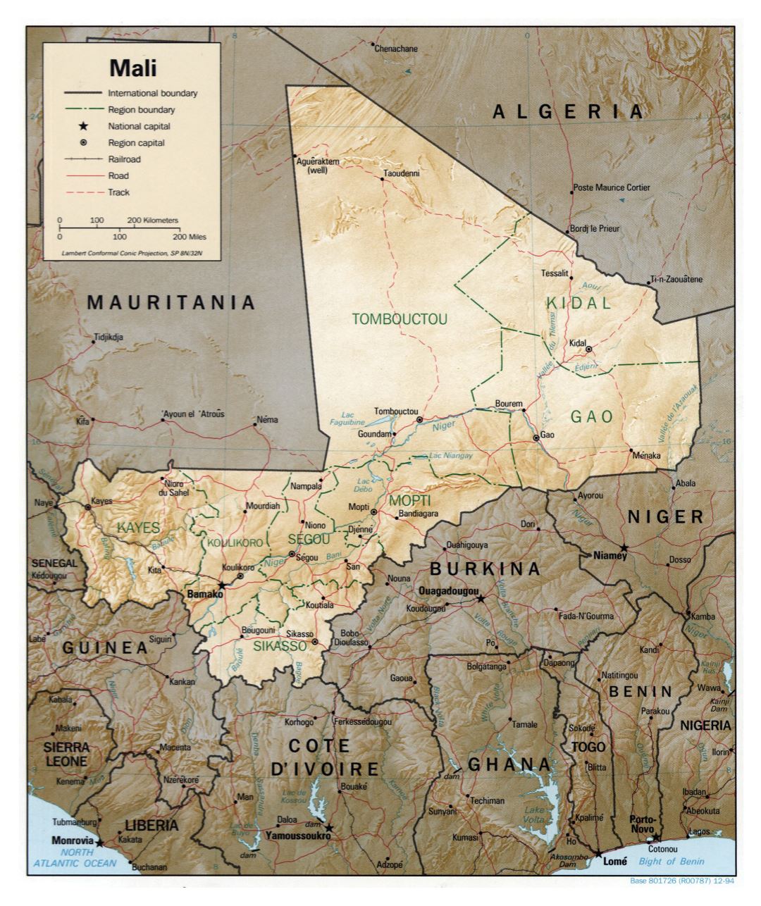 Large detailed political and administrative map of Mali with relief, roads, railroads and major cities - 1994