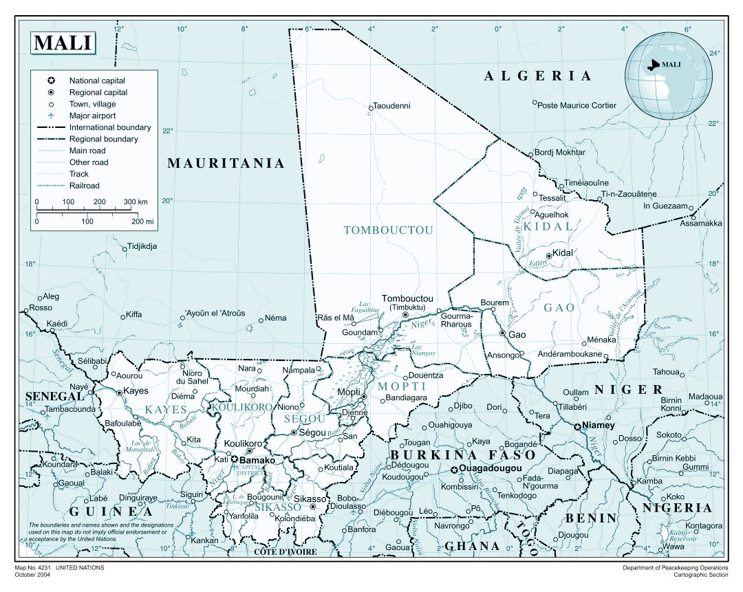 Large detailed political and administrative map of Mali with roads, railroads, all cities and airports