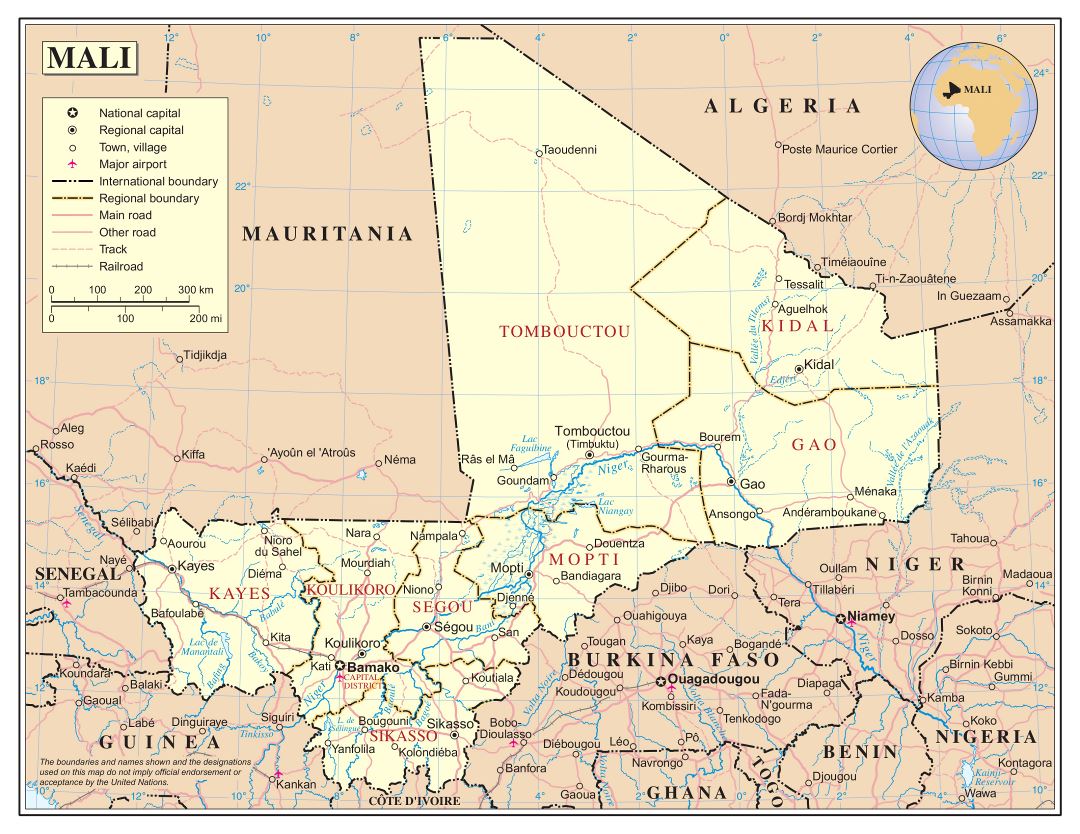 Large detailed political and administrative map of Mali with roads, railroads, cities and airports