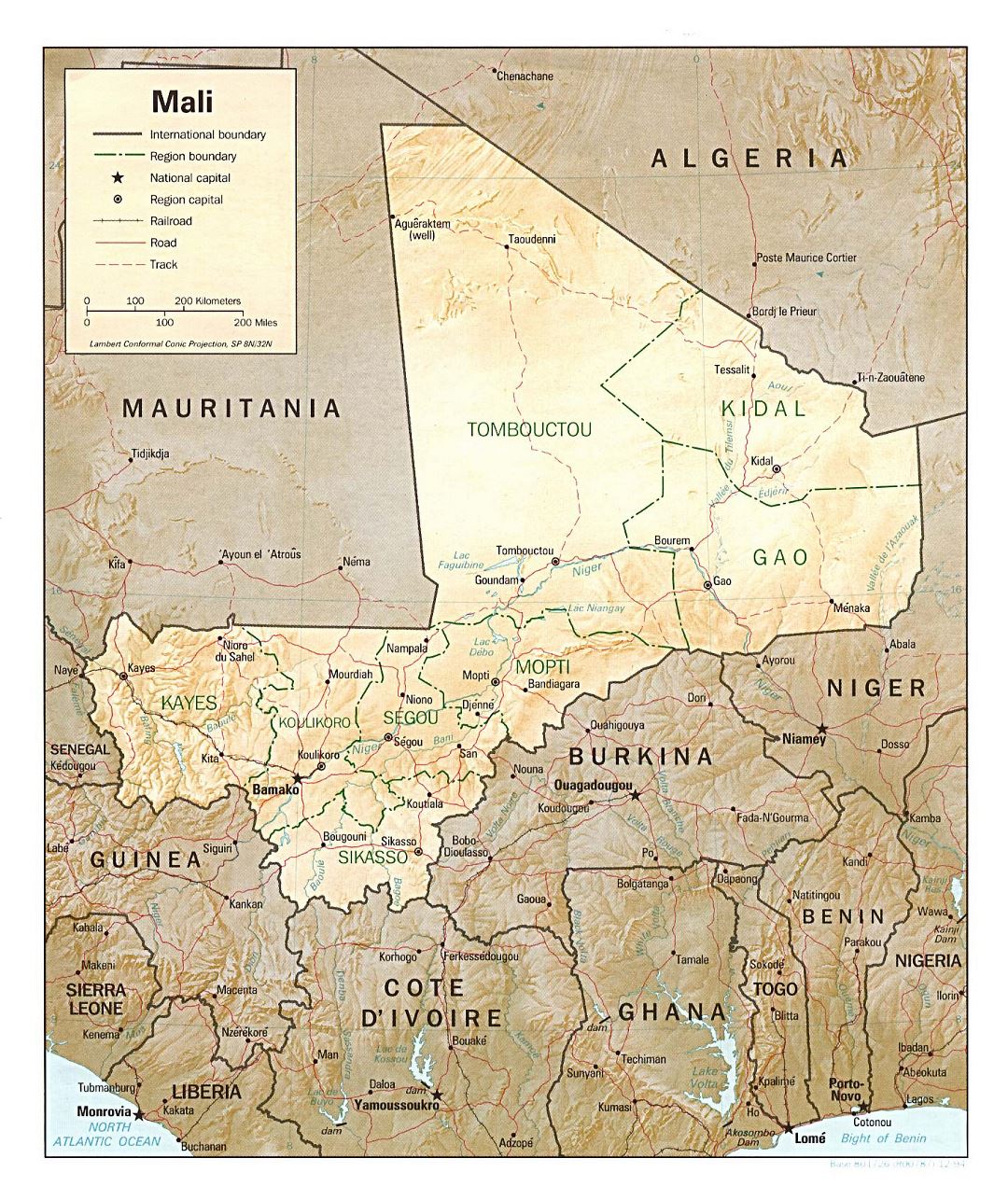 Large political and administrative map of Mali with relief, roads, railroads and major cities - 1994