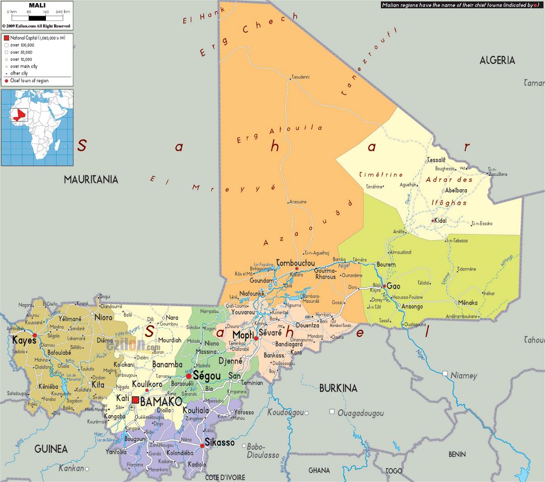 Large political and administrative map of Mali with roads, cities and airports