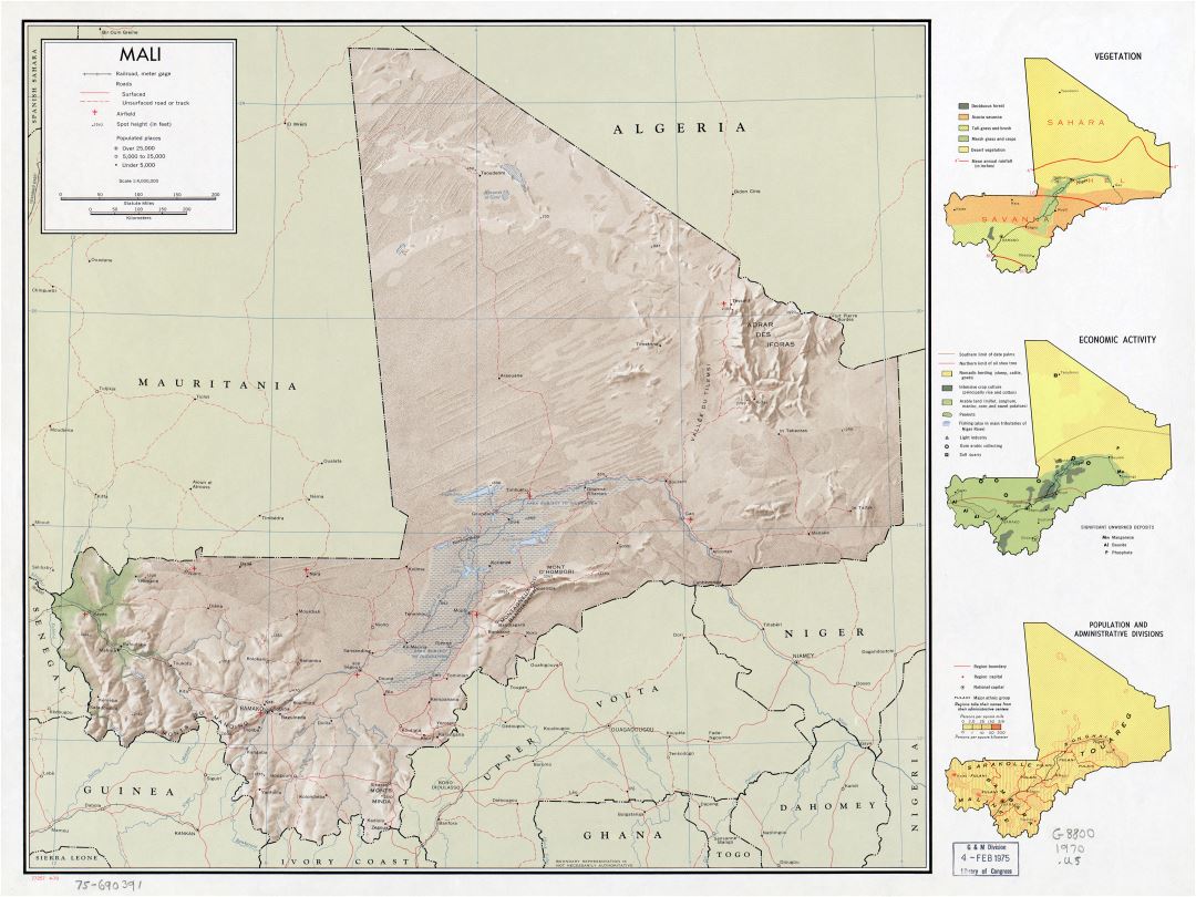 Large scale detailed political map of Mali with relief, roads, railroads, cities and airports - 1970
