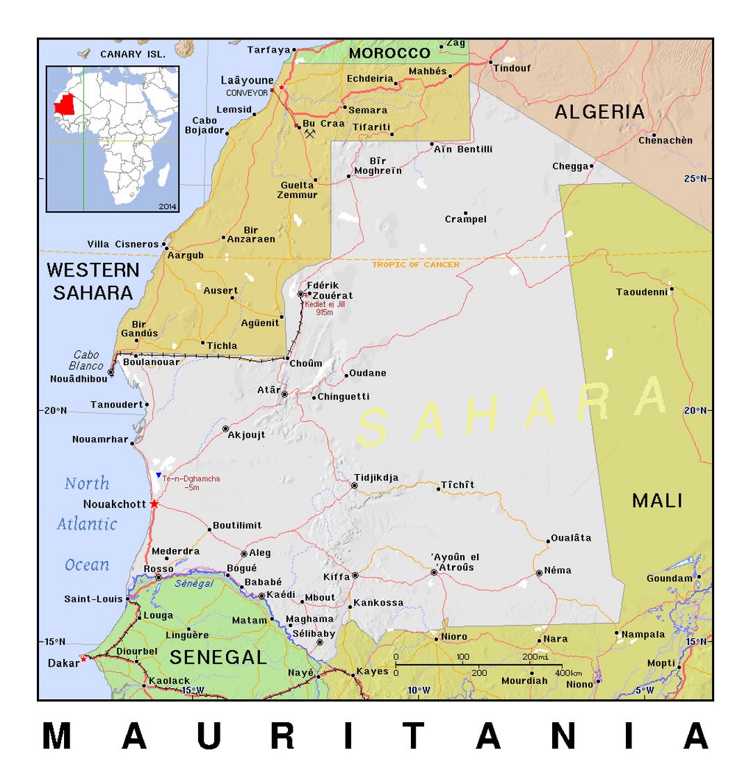 Detailed political map of Mauritania with relief