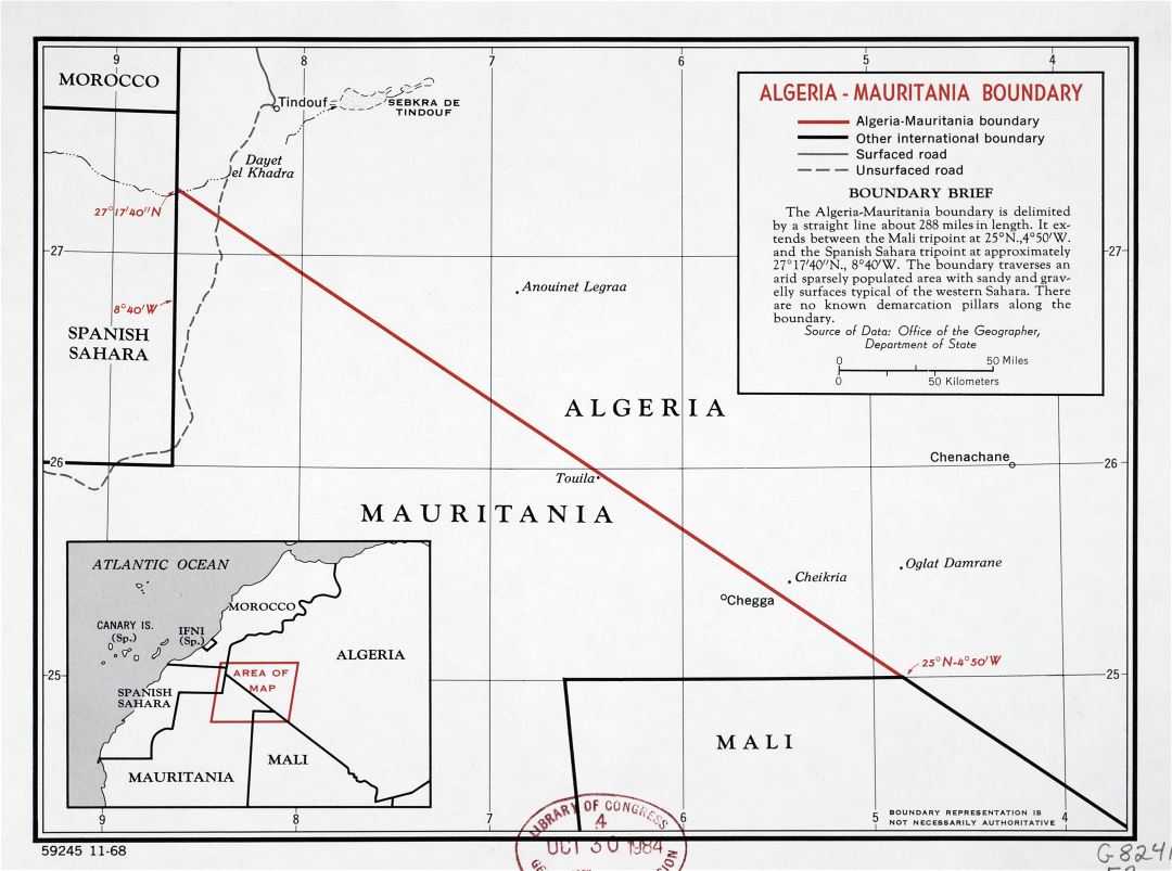 Large detailed map of Algeria-Mauritania boundary - 1968