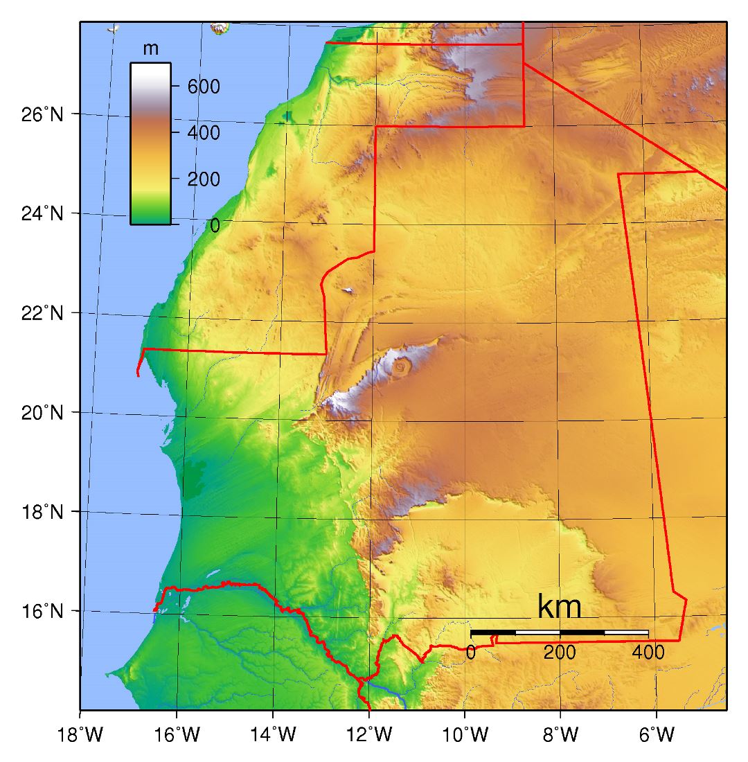 Large physical map of Mauritania