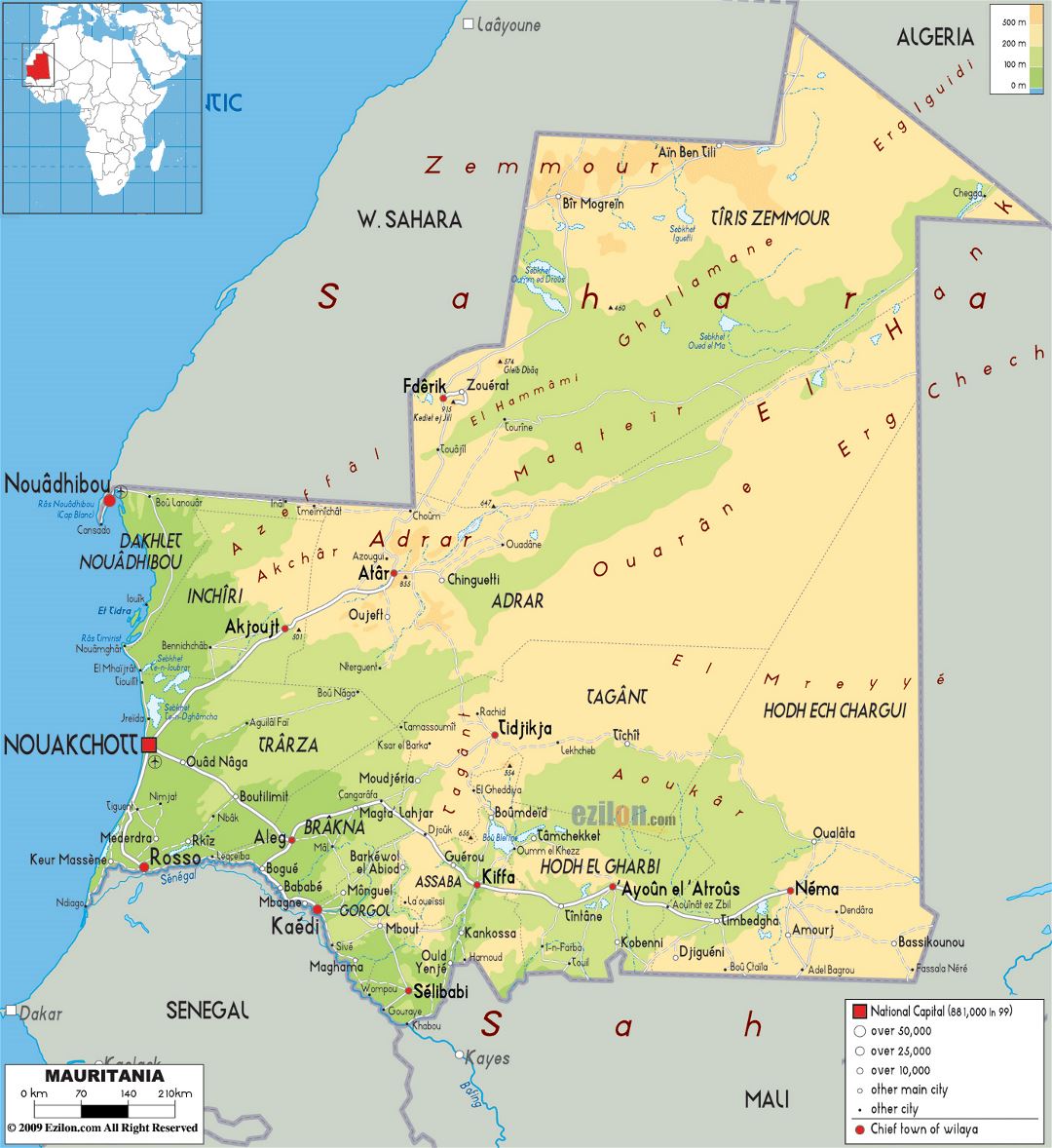 Large physical map of Mauritania with roads, cities and airports