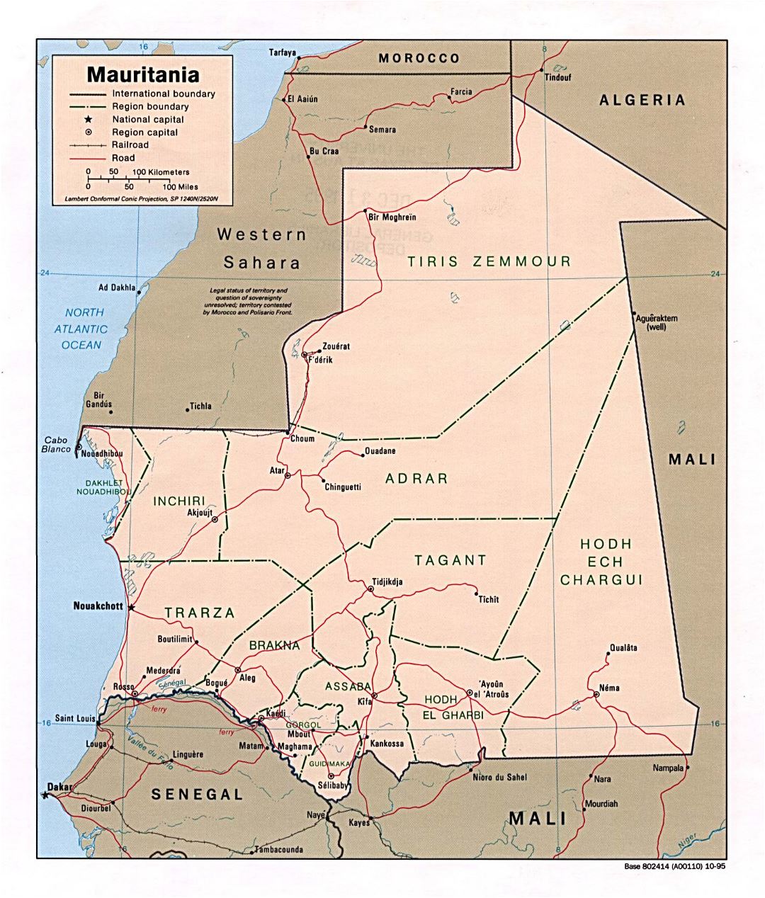 Large political and administrative map of Mauritania with roads, railroads and major cities - 1995