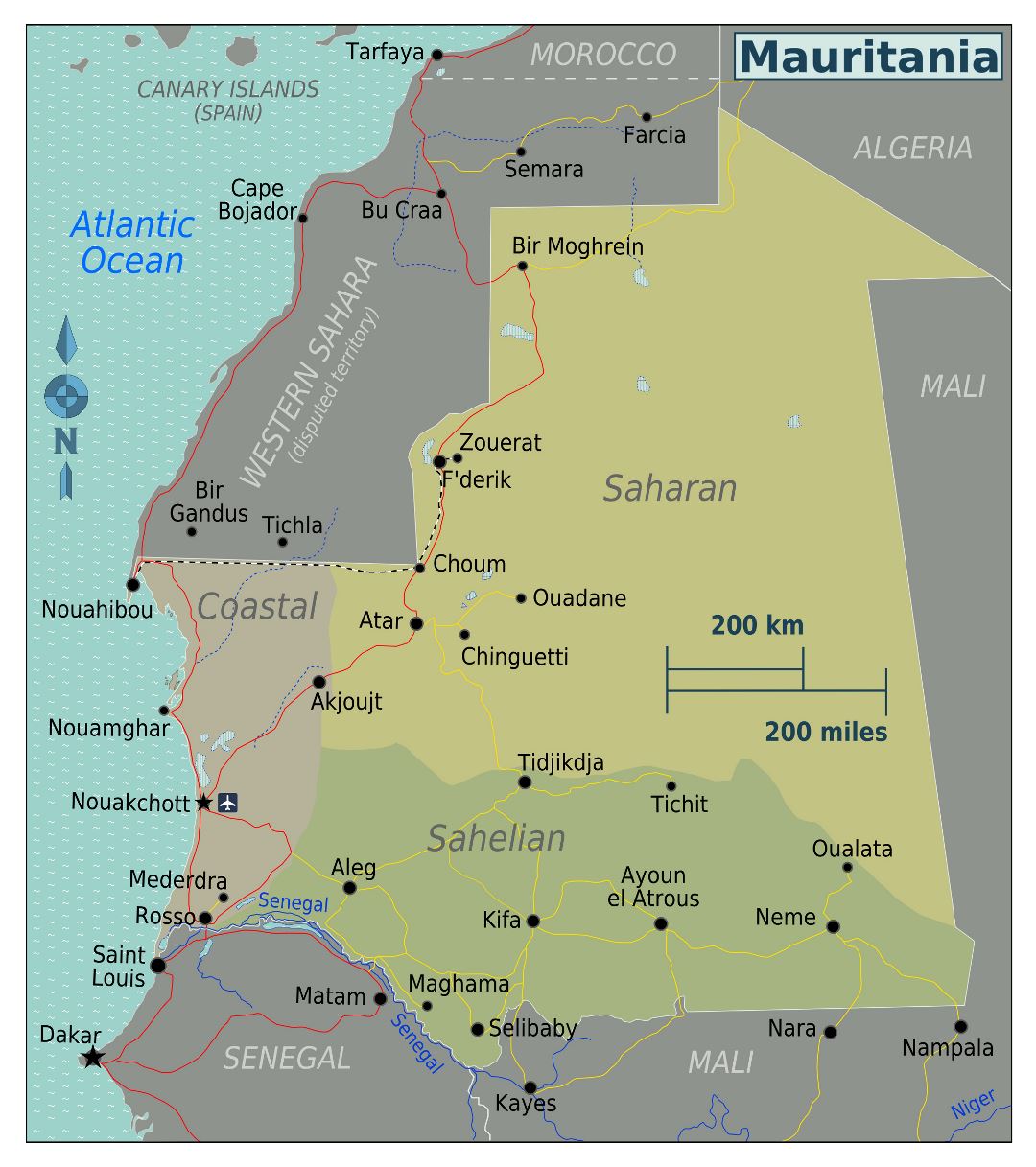 Large regions map of Mauritania