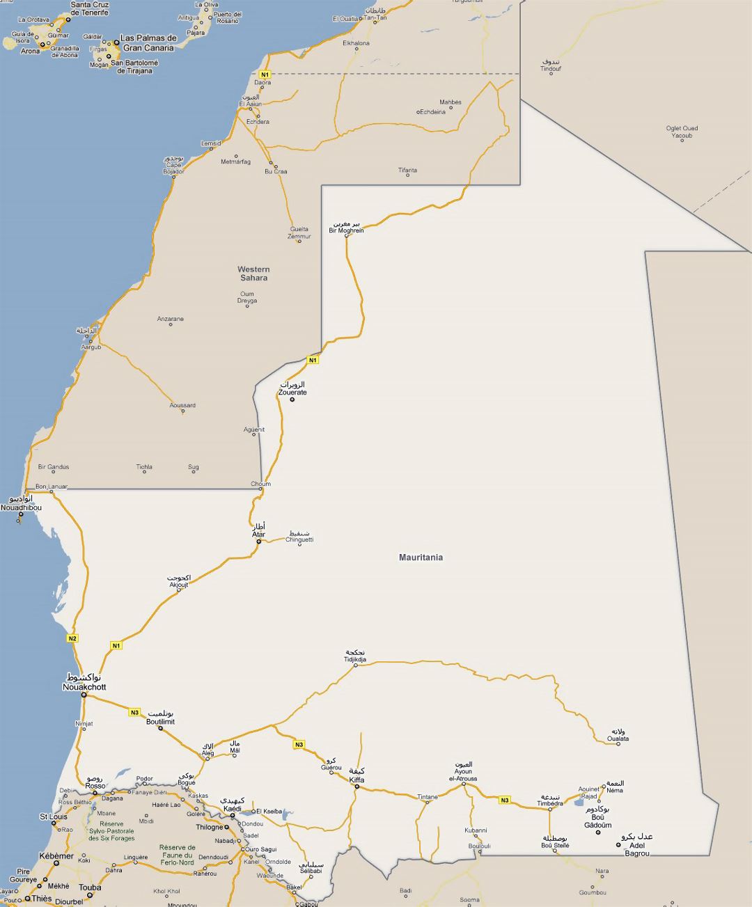 Large road map of Mauritania with cities