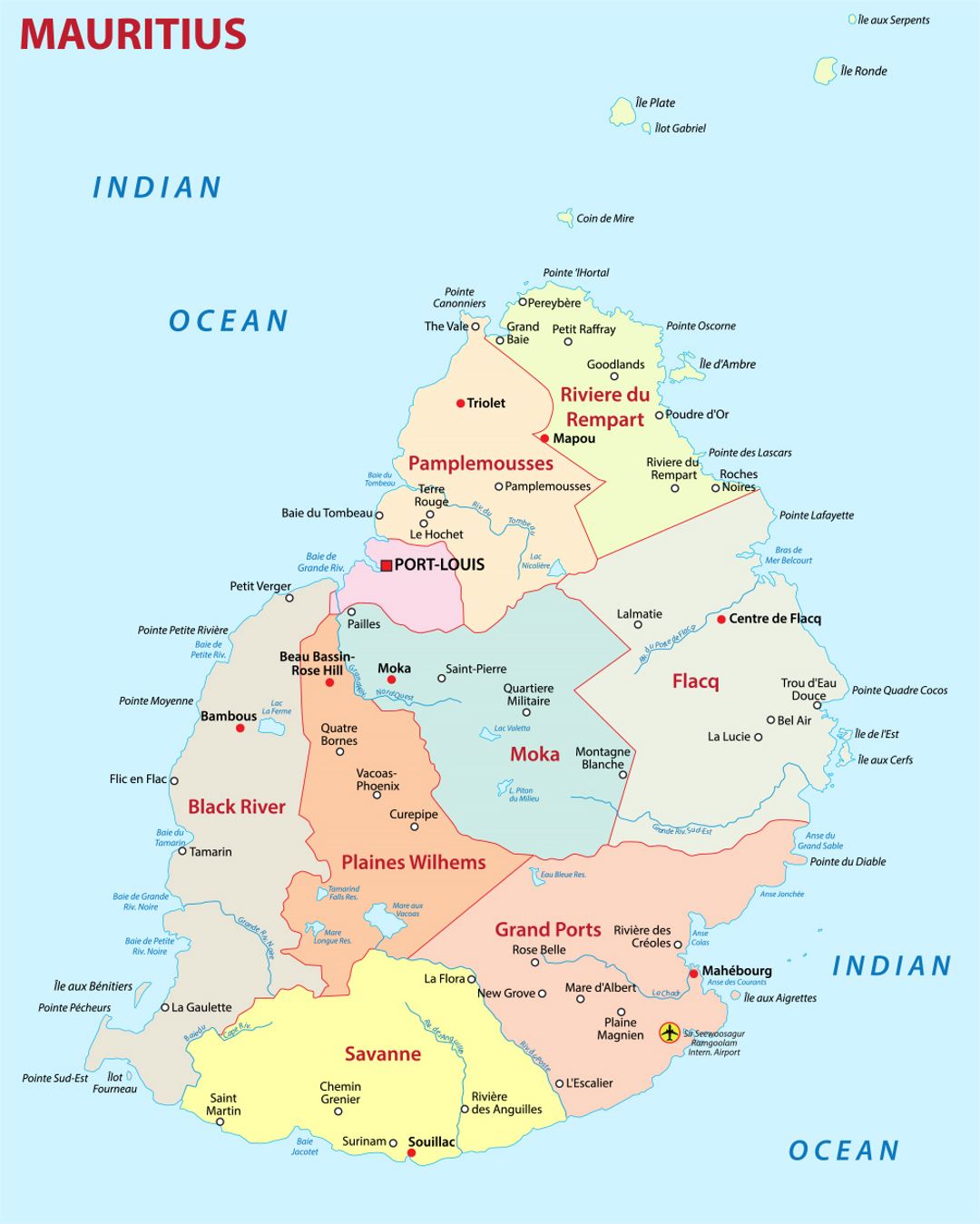 Detailed Administrative Map Of Mauritius With Cities And Airports Detailed Administrative Map Of Mauritius With Cities And Airports