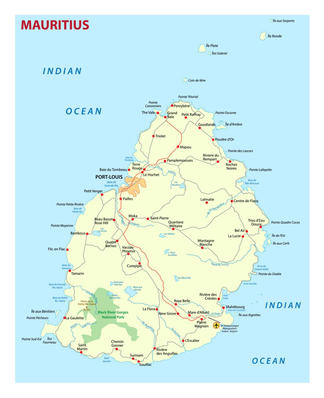 Detailed map of Mauritius with roads and cities