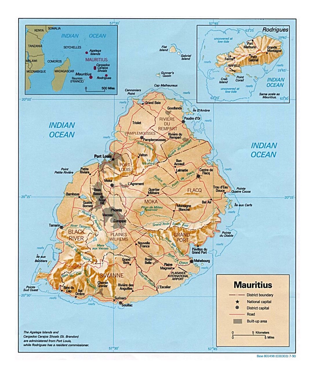 Detailed political and administrative map of Mauritius with relief, roads and major cities - 1990