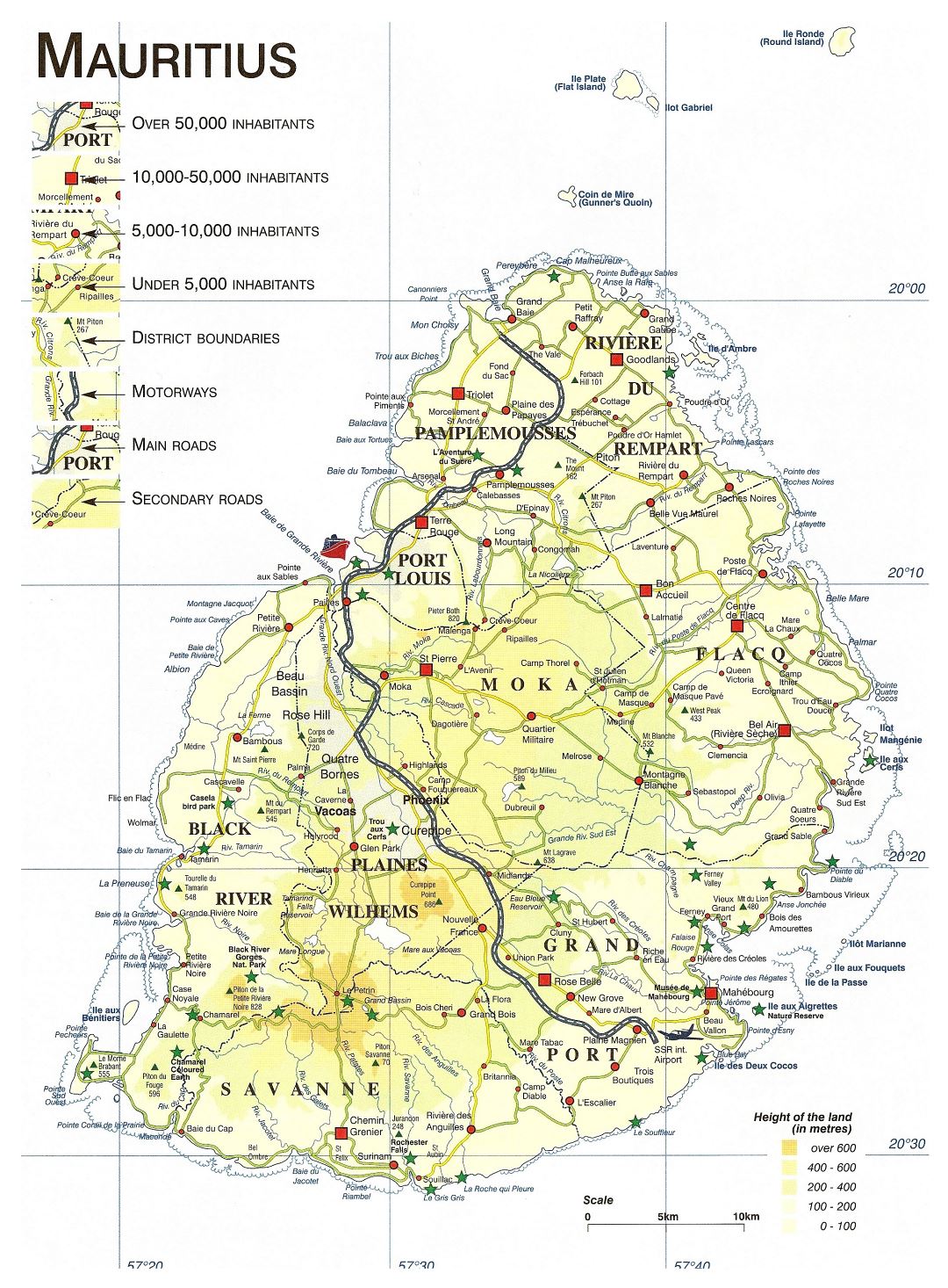 Large detailed elevation map of Mauritius with roads, cities and other marks