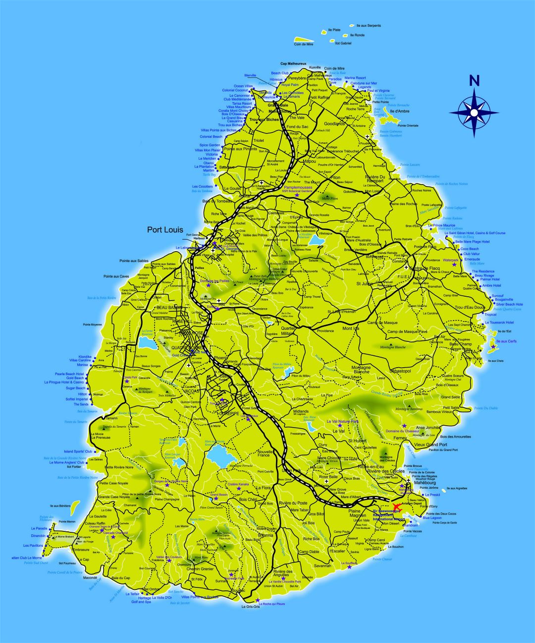 Large detailed road map of Mauritius
