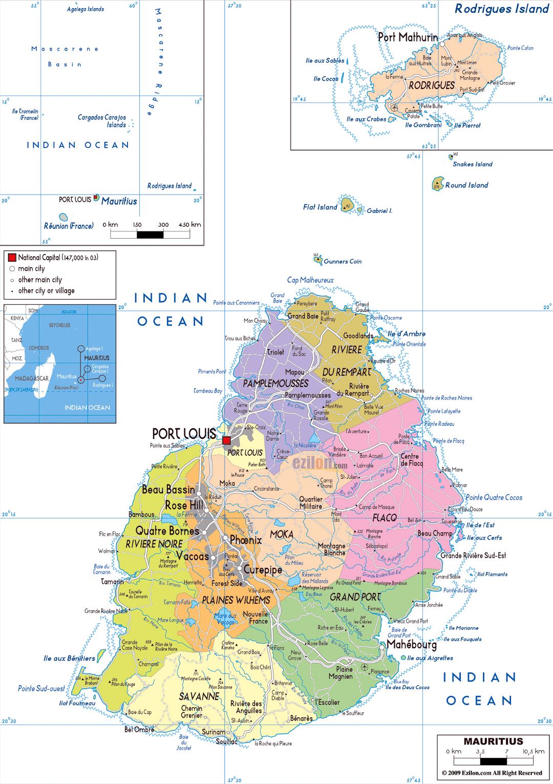 Large political and administrative map of Mauritius with roads, cities and airports
