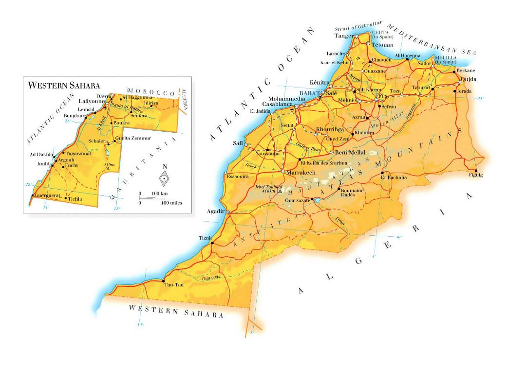 Large elevation map of Morocco with roads, railroads, cities and airports