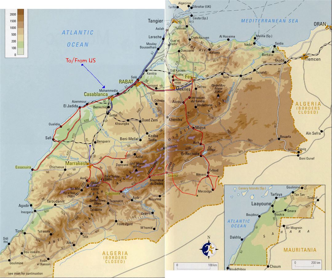 Large physical map of Morocco with roads and cities